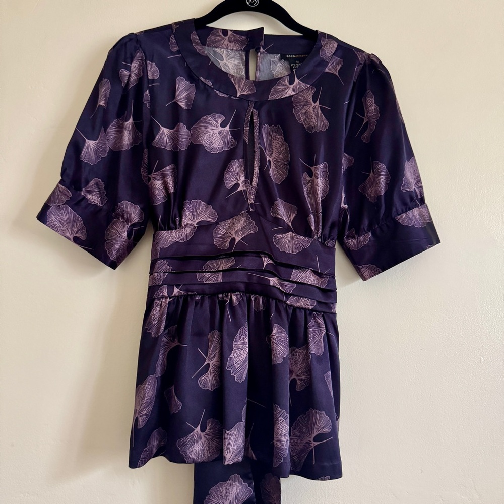 BCBG MaxAzria Purple Peplum, Puff Sleeves, Peekaboo Front, Tie Waist Top, M